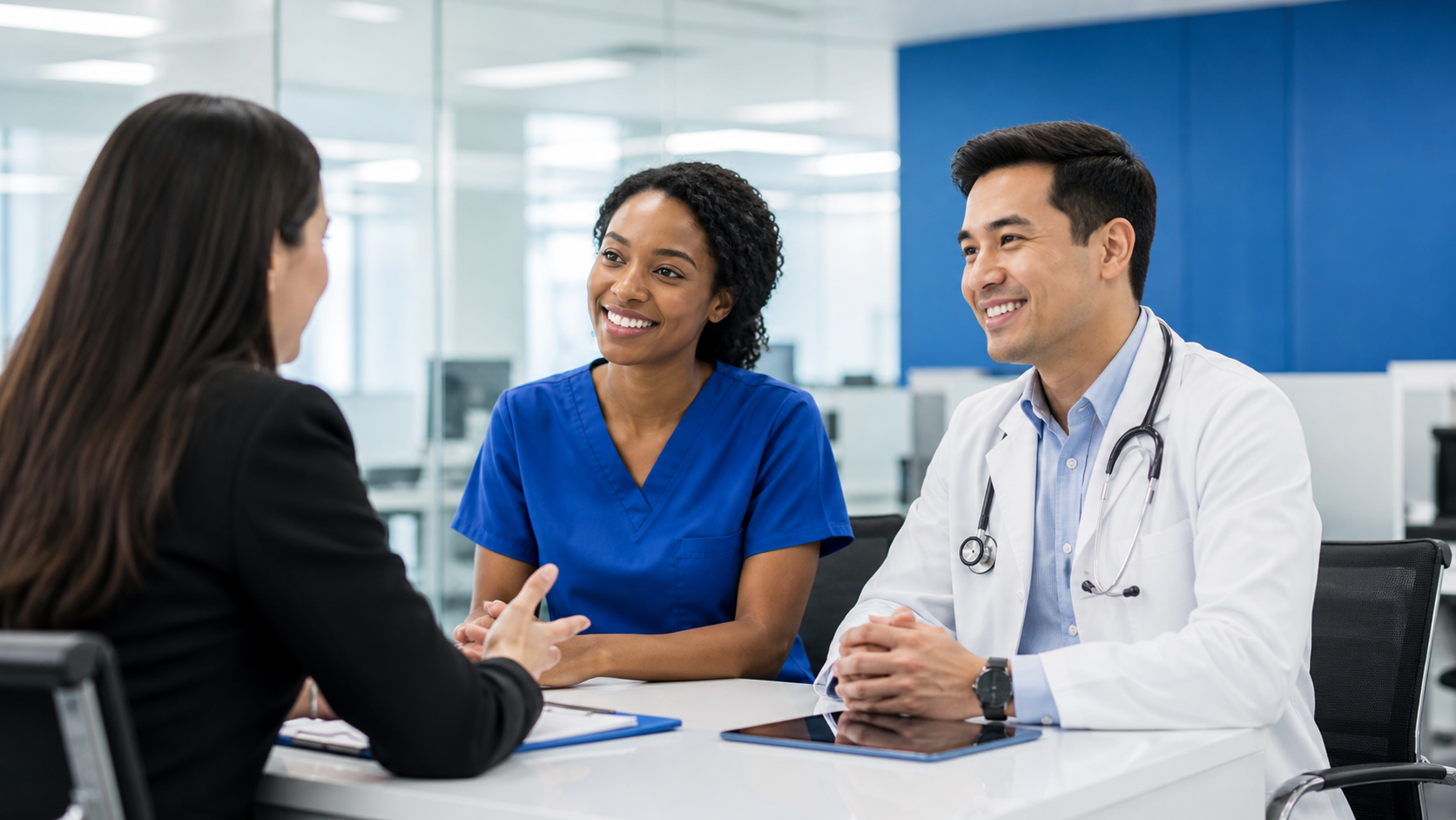 Healthcare professionals meeting a recruitment consultant